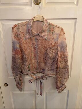 Rich Radi Q’s  Linen Sheer Map-Print Tie-Front Blouse - Multi Pastel